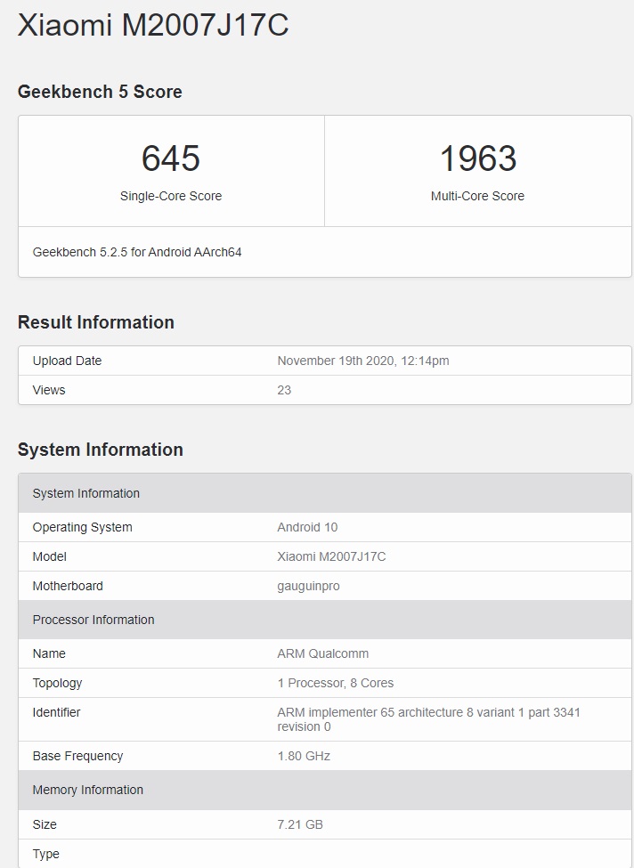 Redmi Note 9 Pro 5G现身Geekbench：拥有Adreno 619 GPU 配备8GB运存
